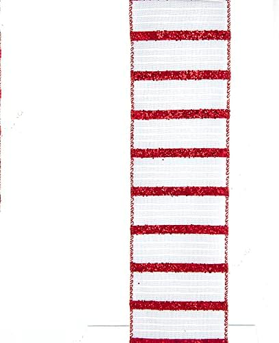 Kurt S. Adler Бели с Червени Блестящи Ивици Двойна Телена Лента, 2.5 инча X 10yd, Цветни