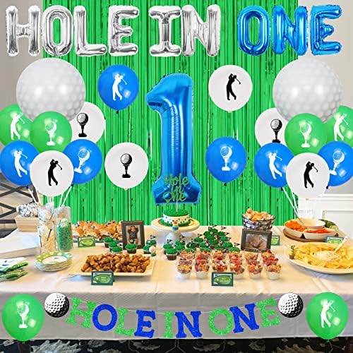 Украса за голф на 1-ви Рожден Ден - Банер с дупка в единия и в цилиндър за торта, балон номер 1, Балони балони