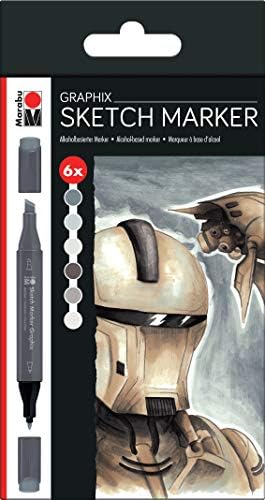 Marabu Graphix Маркер за рисуване - 6 цвята Сив тон, Маркери за рисуване за художници - Тънки и с двоен фитил