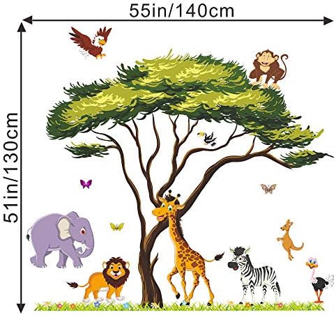 RW-1074 Карикатура Джунгла Животни Стикери За Стена 3D Голямо Зелено Дърво Стикери За Стена САМ Подвижна Жираф
