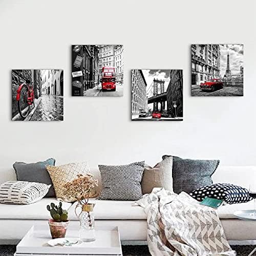 Черно-Бели Стенни Картини за Спални, Картини с Градския Пейзаж, Щампи върху Платно, Червен Париж, декорация
