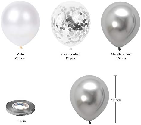 Бели Сребърни Латексови балони с Конфети, 50 Опаковки, 12-инчов Сребрист Метален Хромиран Комплект Балони за