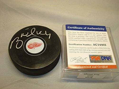 Брет Хъл подписа Хокей шайба Детройт Ред Уингс с автограф на PSA/DNA COA 1E - за Миене на НХЛ с автограф