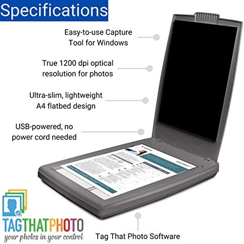 Плосък цветен скенер за снимки и документи Visioneer 7800 за PC със софтуер Tag That Photo, захранва от USB...