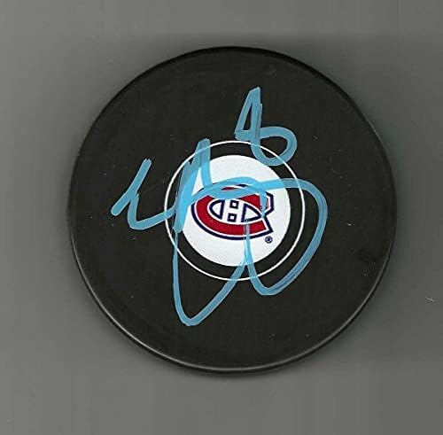 Джорди Benn подписа шайбата Монреал Канадиенс, подписано със син цвят - за миене на НХЛ с автограф