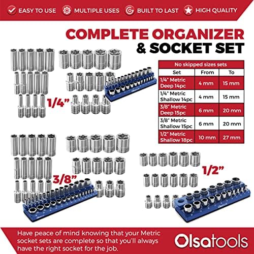 Olsa Tools Metric гнездо (комплект от 79 бр.) и магнитен органайзер за контакти | Комплект от 6 плитки и дълбоки контакти | Комплект от 3 теми, със сини притежатели за контакти |