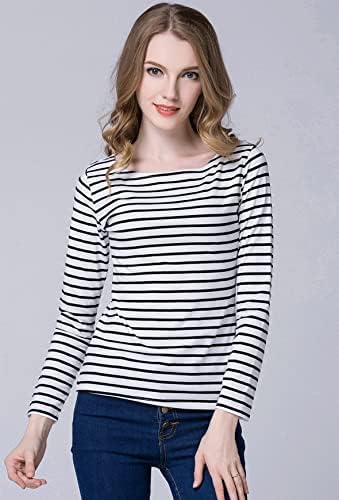Дамски Ежедневни тениска WSLCN с дълъг ръкав и деколте Лодка в Тънка Ивица, Базова тениска