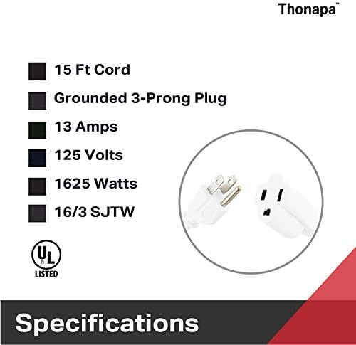 Удължител Thonapa 15 Метра, с 3 Клипса - Бяло удължителен кабел 15 метра Електрически кабел 16/3 SJTW чудесно